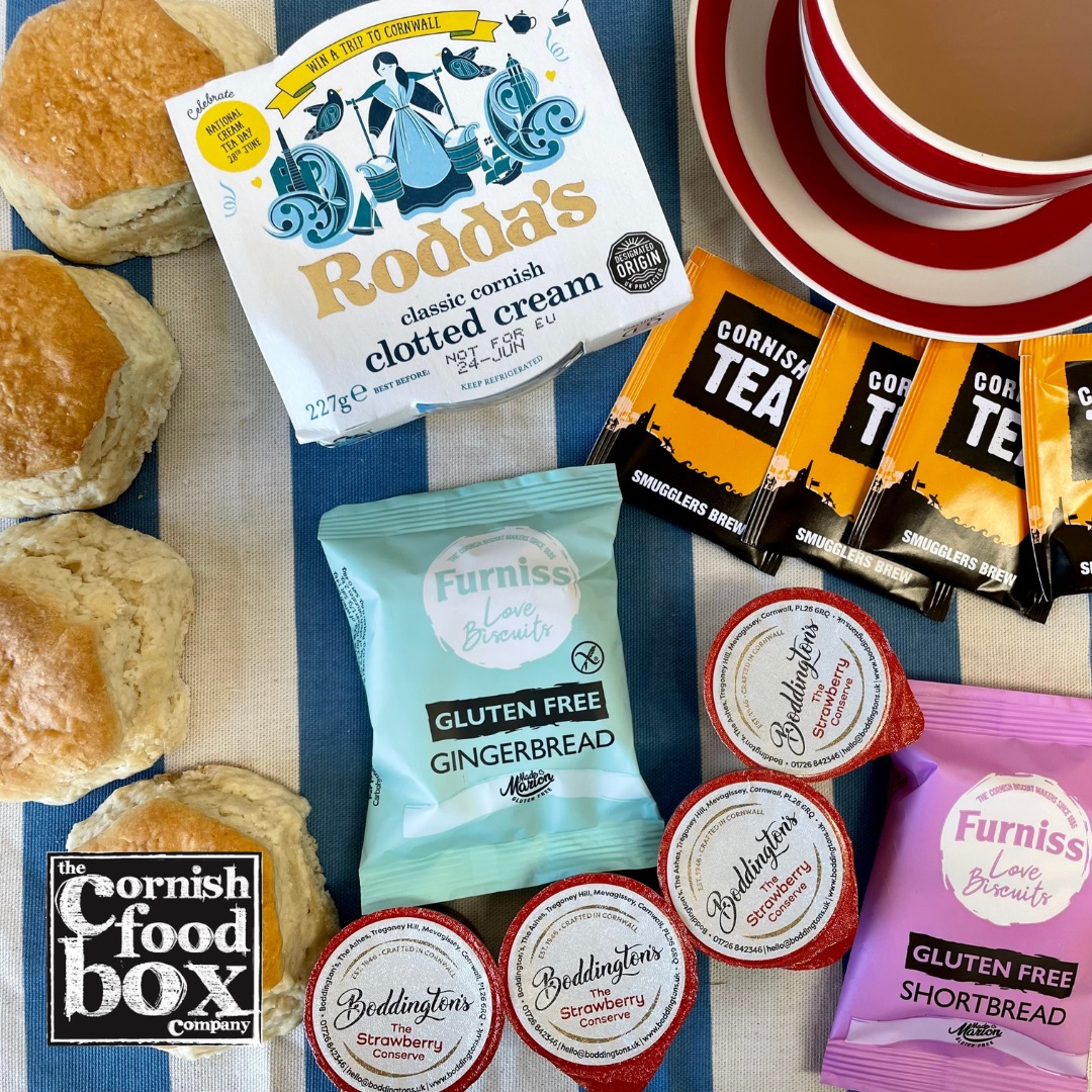 Our gluten free Cornish Cream Tea Gift Set featuring freshly baked scones, Rodda&rsquo;s Cornish clotted cream, Boddington&rsquo;s strawberry jam, Cornish tea bags, and shortbread biscuits, elegantly presented in a gift box. Free from food.