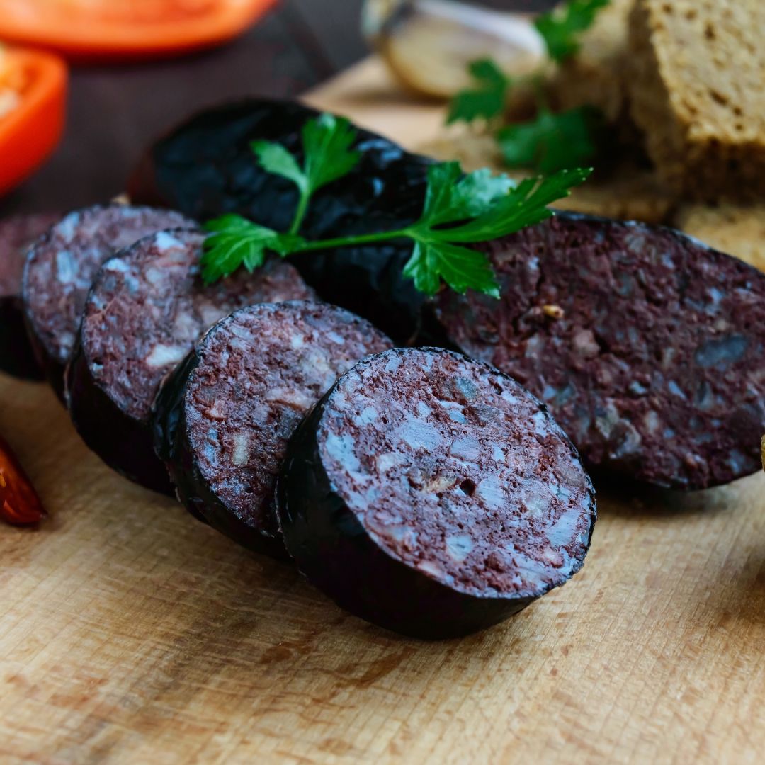 350g Cornish black pudding sliced for a traditional full English breakfast