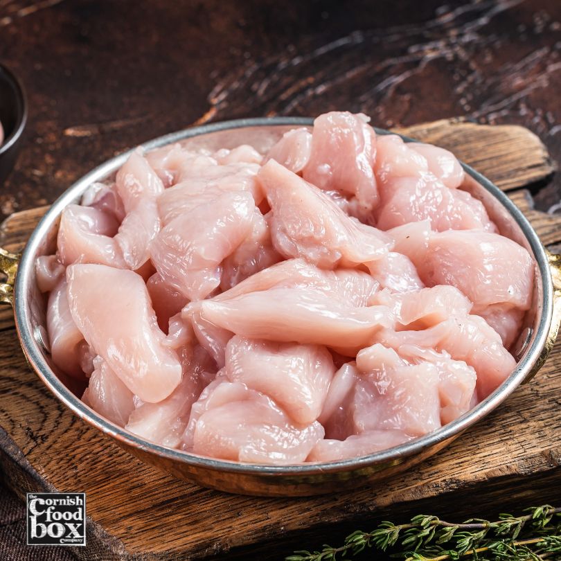 Cornish free range pasture-fed diced chicken thigh meat &ndash; hand-trimmed and vacuum packed, ideal for curries and stews