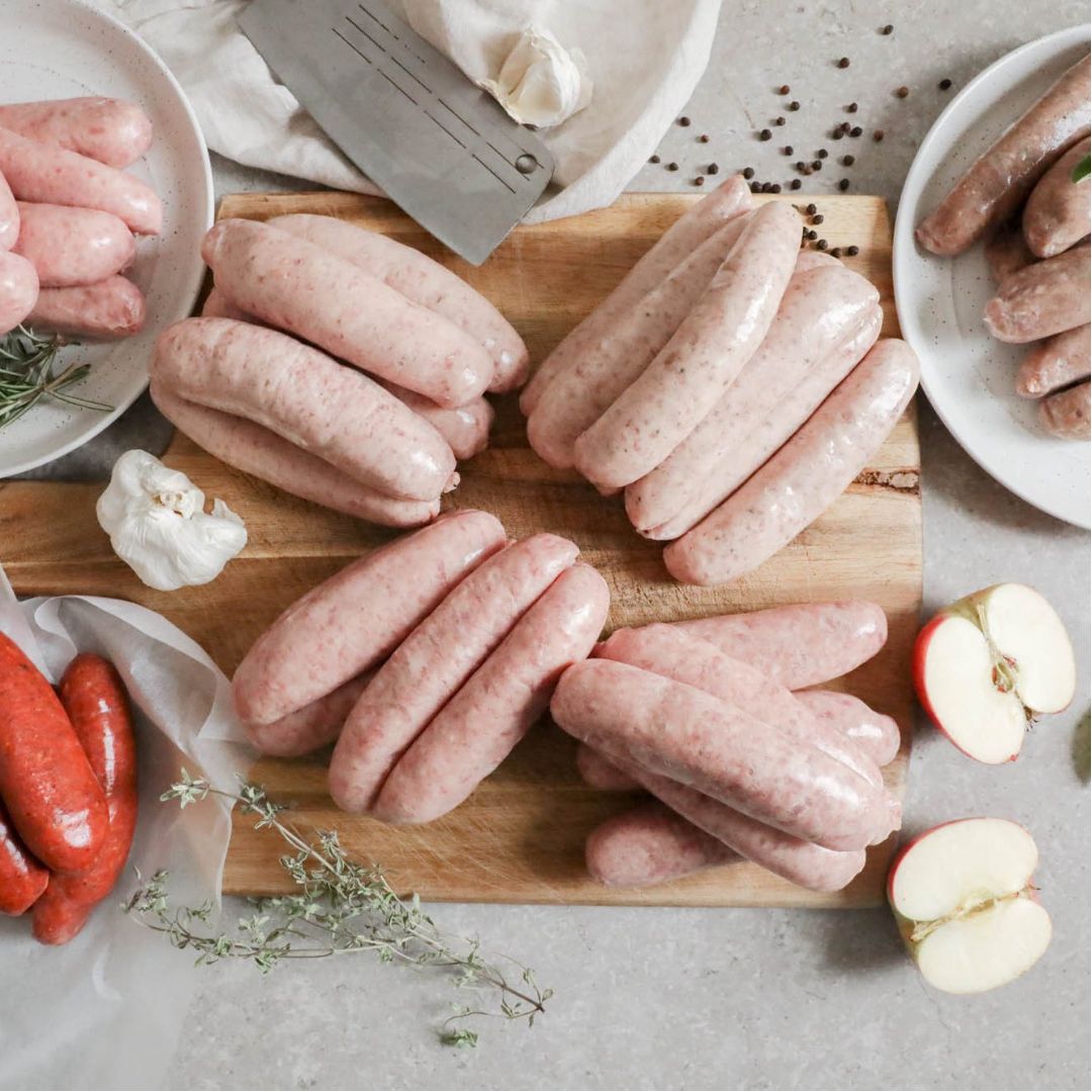 Traditional pork sausages from Primrose Herd, high welfare outdoor-reared rare breed pigs