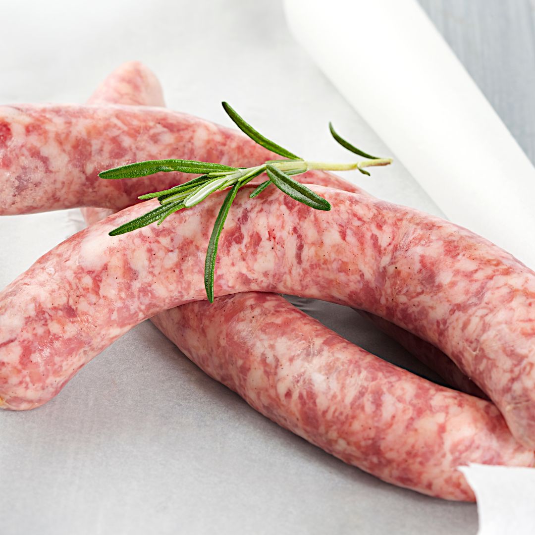 High welfare pork chipolatas from Primrose Herd, rare breed outdoor-reared pigs, gluten free